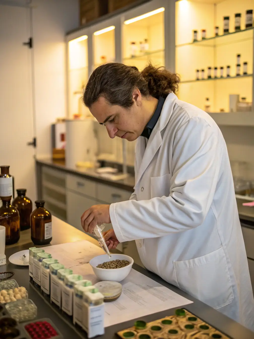 An image of a scientist in a lab coat carefully measuring ingredients for a custom supplement formulation, showcasing precision and expertise.