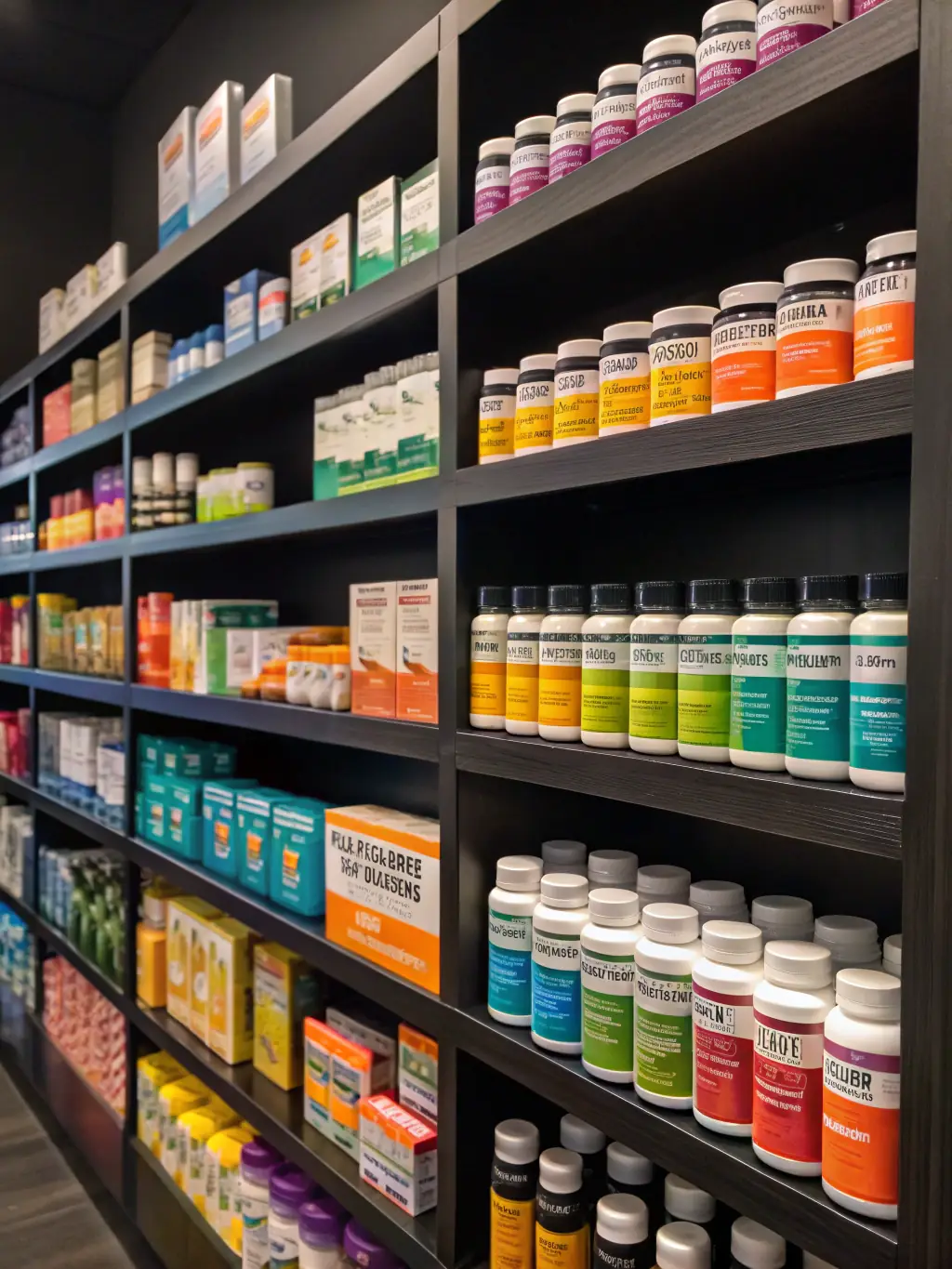 A diverse range of supplement products in various forms (capsules, powders, gummies) ready for packaging, showcasing the variety of manufacturing capabilities.