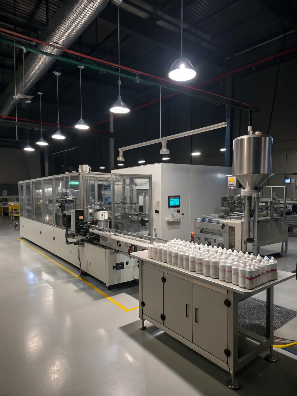 A modern, clean manufacturing line with supplement bottles being filled and packaged, emphasizing efficiency and quality.